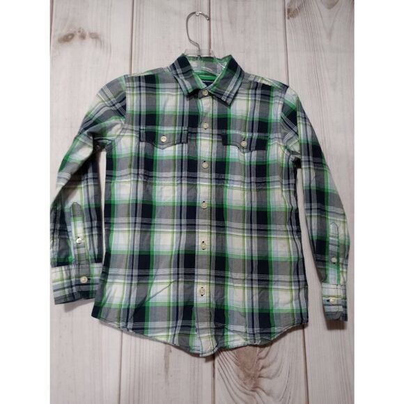 Gap Shirt‎ Boys Medium Green White Long Sleeve Button Front - Picture 1 of 7